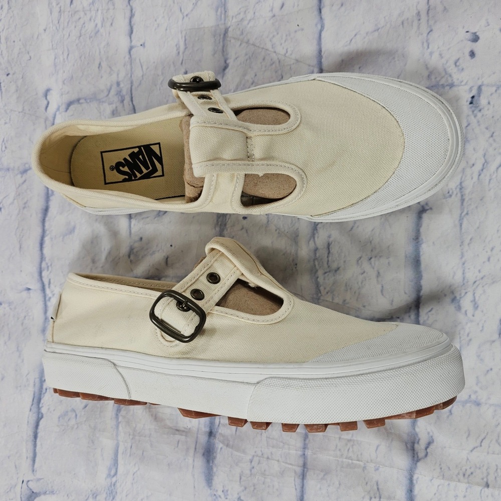 Vans Mary Jane Sneakers Womens 9.5 Cream Canvas T-Strap Lug Sole Off White Shoes